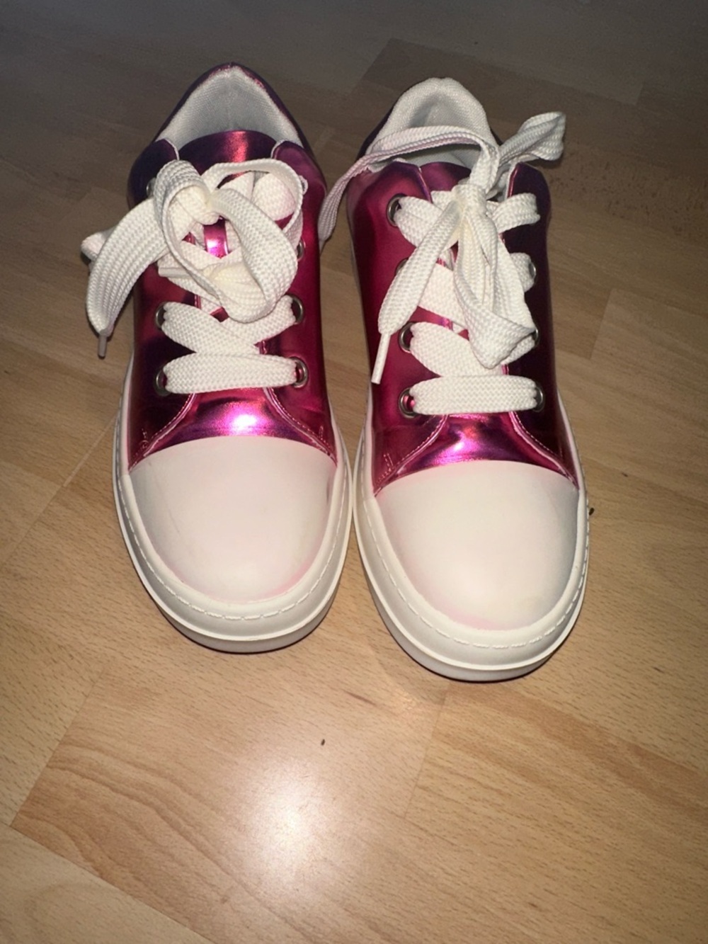 Womens Metallic Pink Lace-Up Sneakers